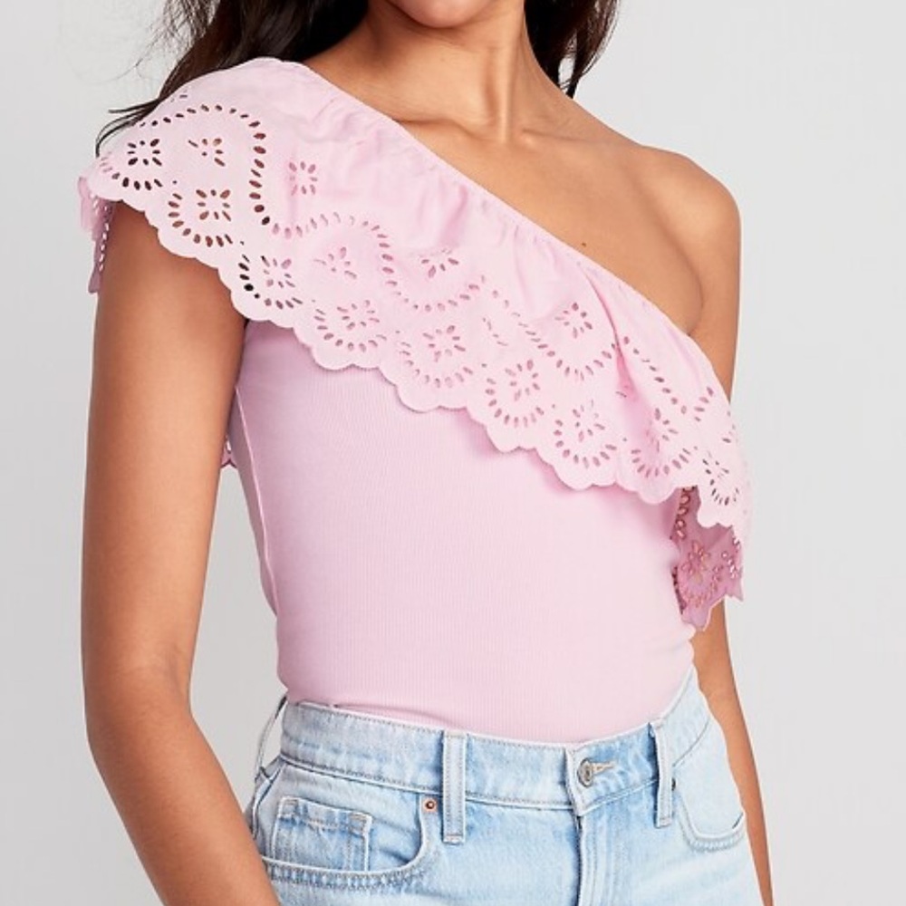 Old Navy Pink Eyelet One-Shoulder Paneled Rib-Knit Top M
